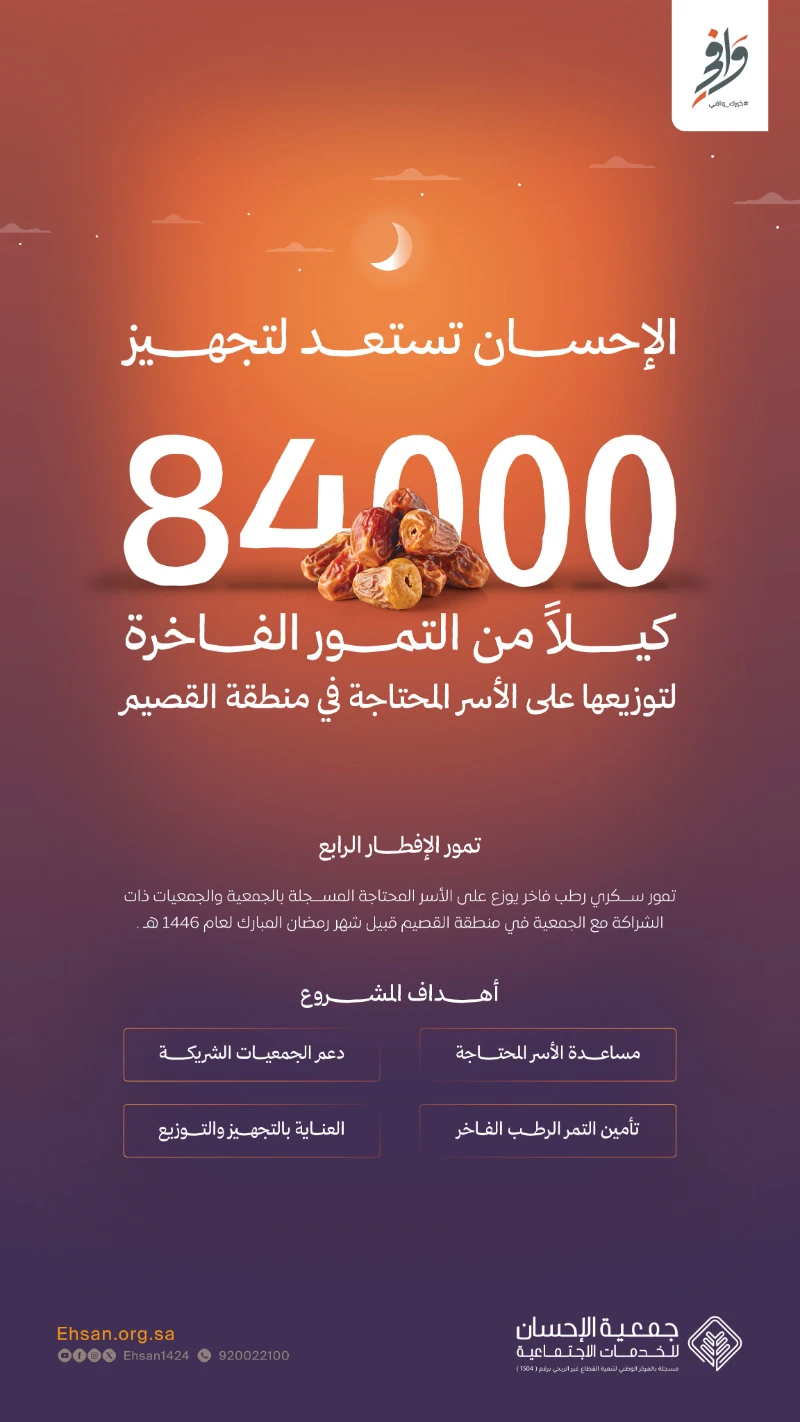 الإحسان تستعد لتجهيز 84 طنًا من تمور الإفطار في رمضان
